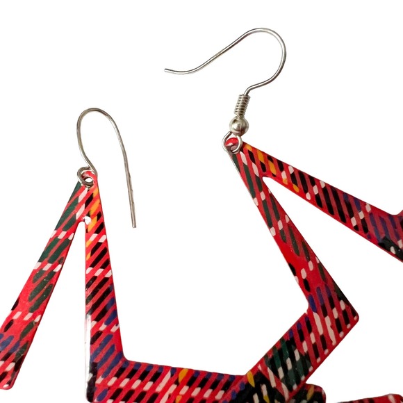Vintage Red Plaid Star Statement Earrings - Picture 4 of 4